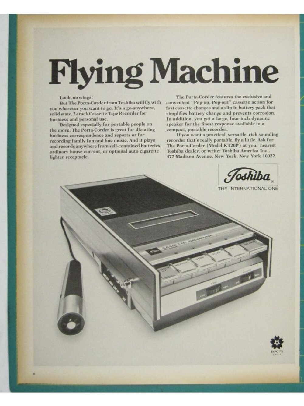 Print Ad Toshiba Porta-Corder Flying Machine 2 Track Cassette Recorder 1960s AD